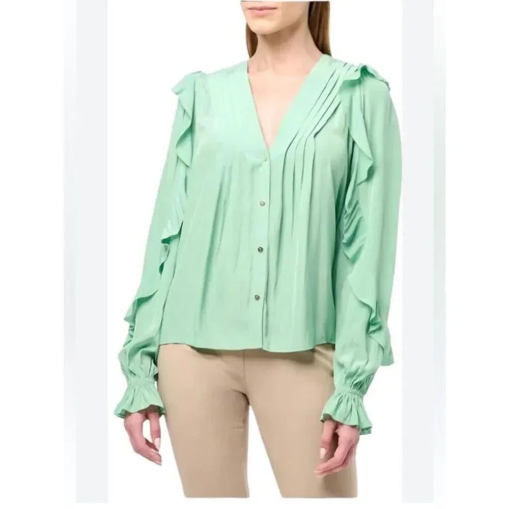 Ramy Brook Estelle Green button up long sleeve ruffle blouse NWT XL